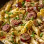 Easy One Pan Cheesy Smoked Sausage & Pasta - featured image
