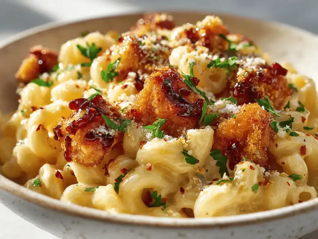 creamy honey pepper chicken mac and cheese - featured image