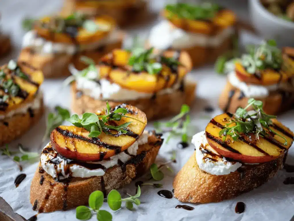 grilled peach burrata crostini - featured image