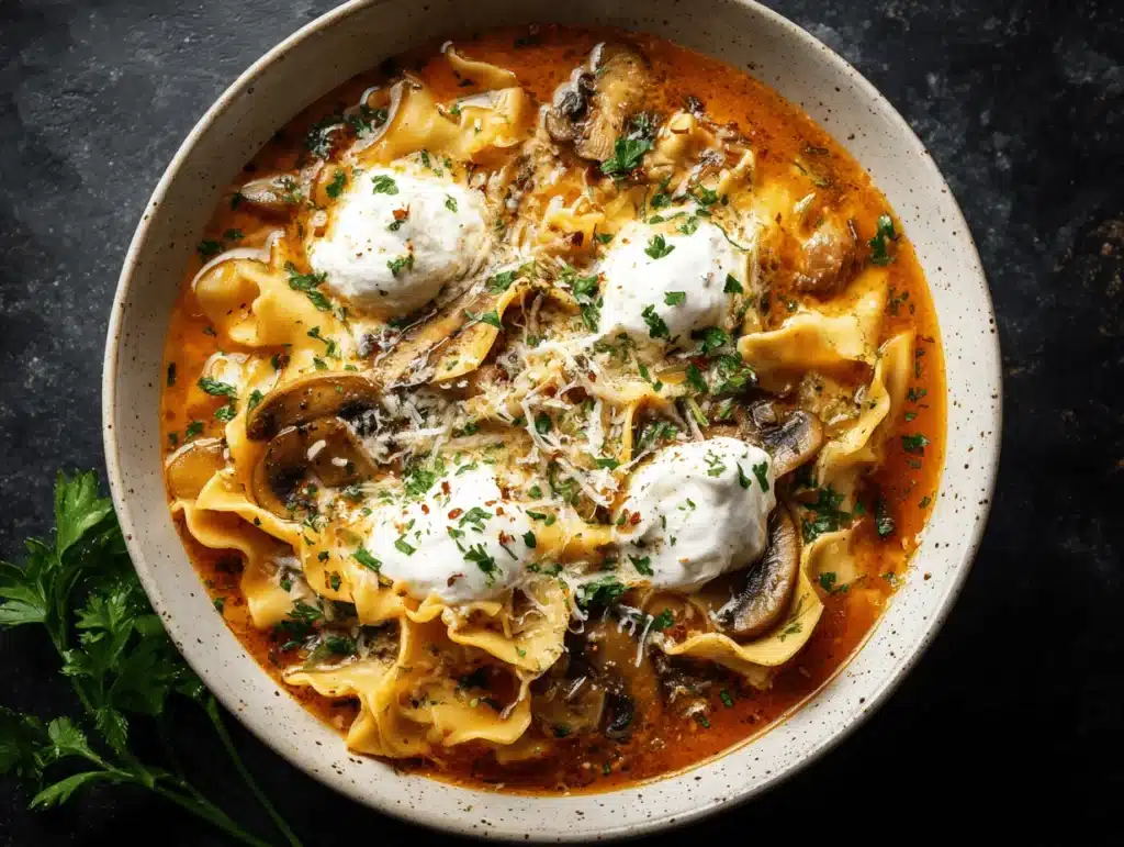 one pot lasagna soup with mushrooms - featured image