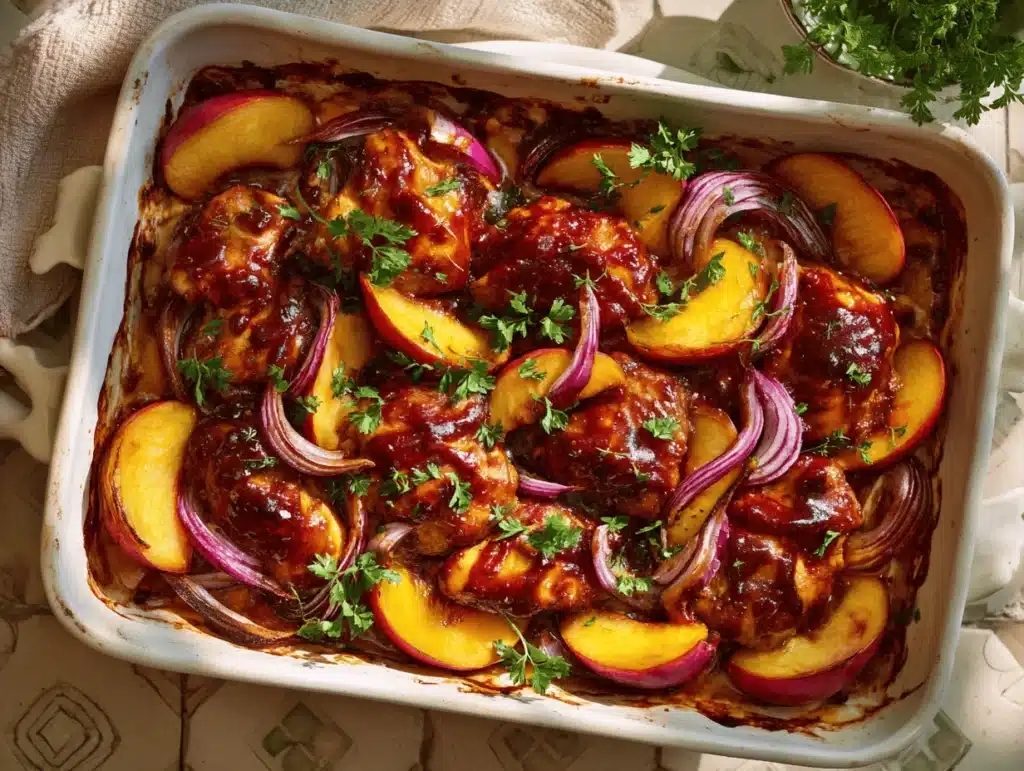 roasted peach BBQ chicken bake - featured image