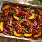 roasted peach BBQ chicken bake - featured image