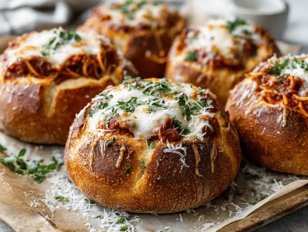 spaghetti garlic bread bowls - featured image